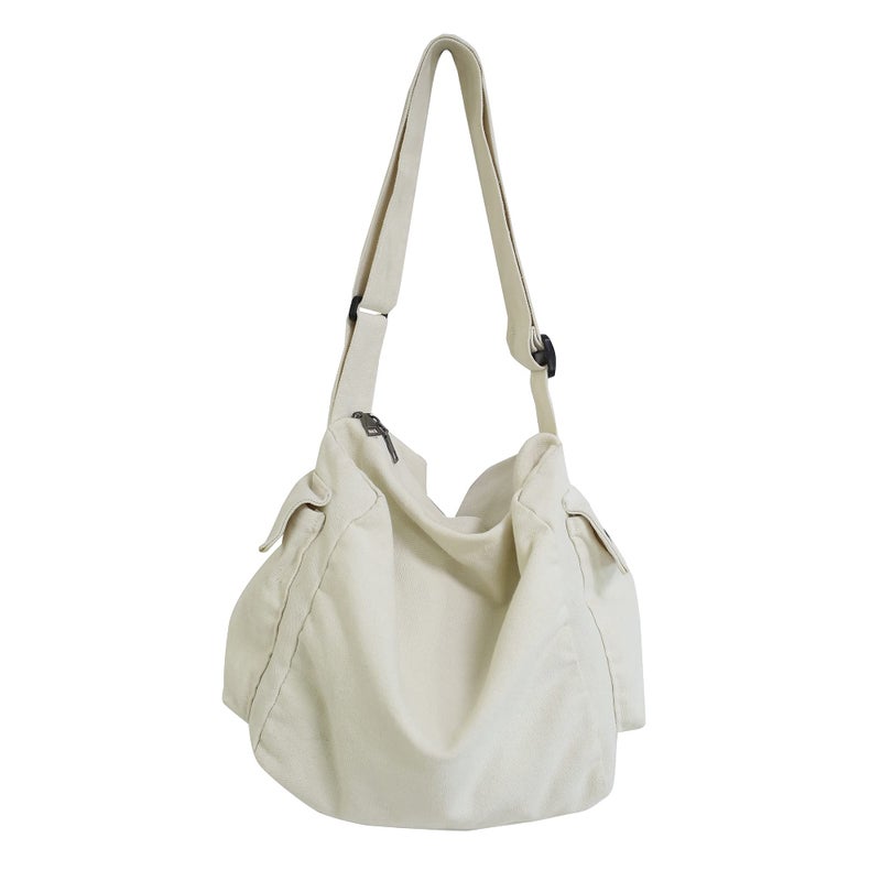 Youjaree Canvas Tote Bag Hobo Crossbody Handbag Big Capacity Messenger Bag with Multiple Pockets Casual Shoulder Bag for Women Men (White) - Image 1